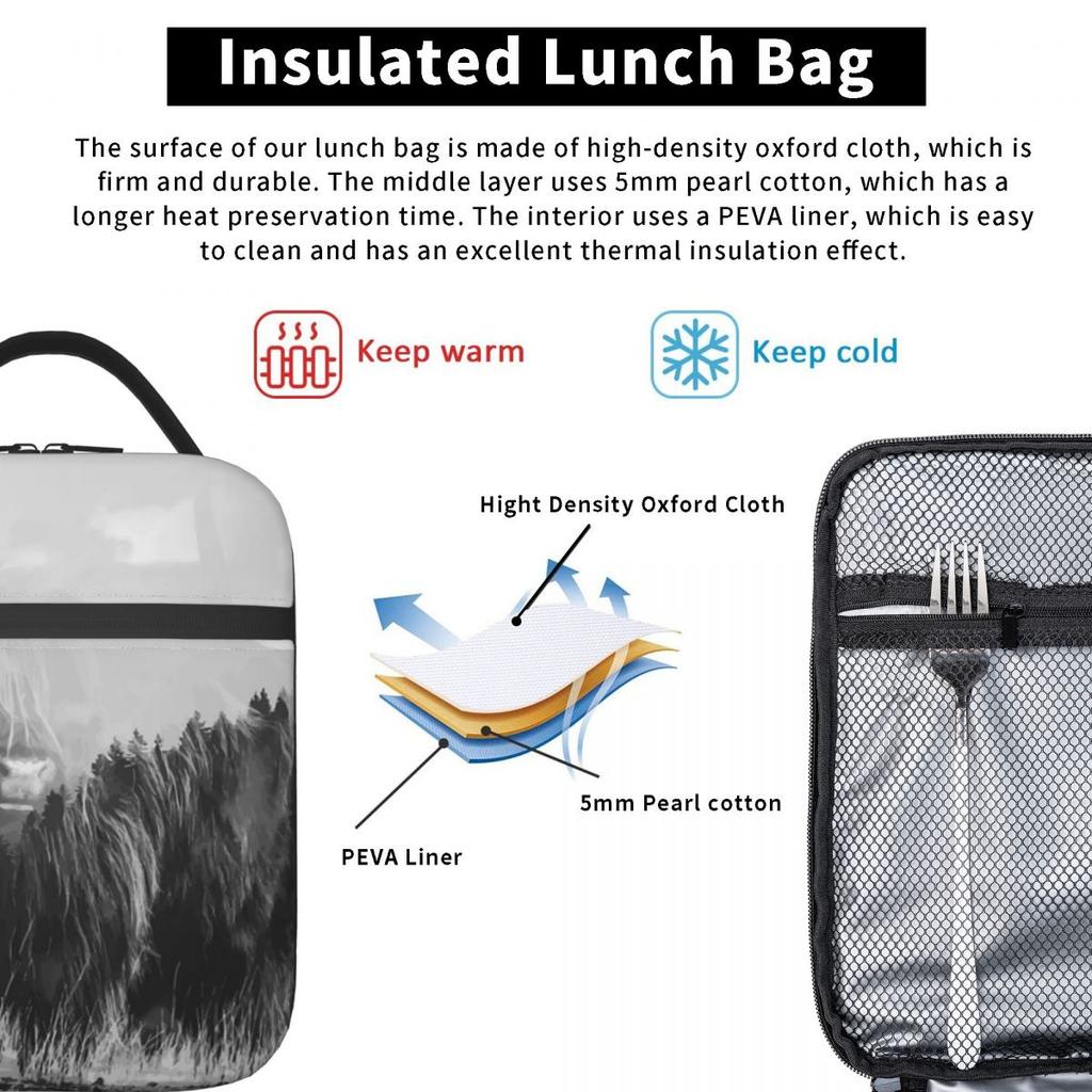 Grey Highland Yak Pattern Insulated Lunch Bag for Women Children Portable Food Boxes Thermal Lunch Box Tote