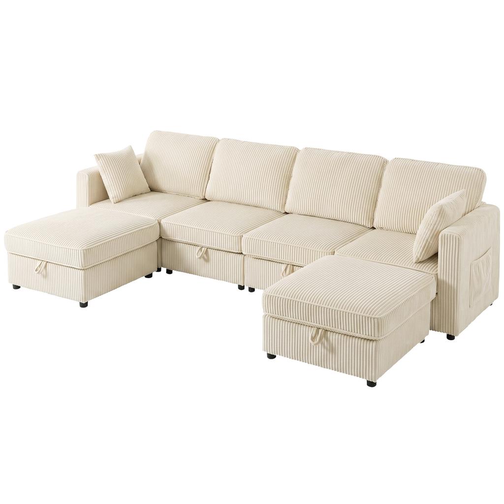 Modular U-Shaped Corner Sofa, 4-Seater, 306 cm, Corduroy, 2 Storage Ottomans, 4 Cushions, Cream