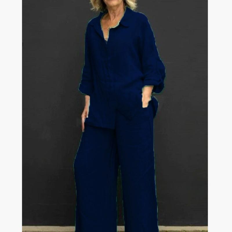 

Женские весенне-летние повседневные брючные костюмы Весенний костюм Стильный Хлопковый и Льняной костюмный набор с рубашкой с длинным рукавом и брюками широкого кроя 5XL синий