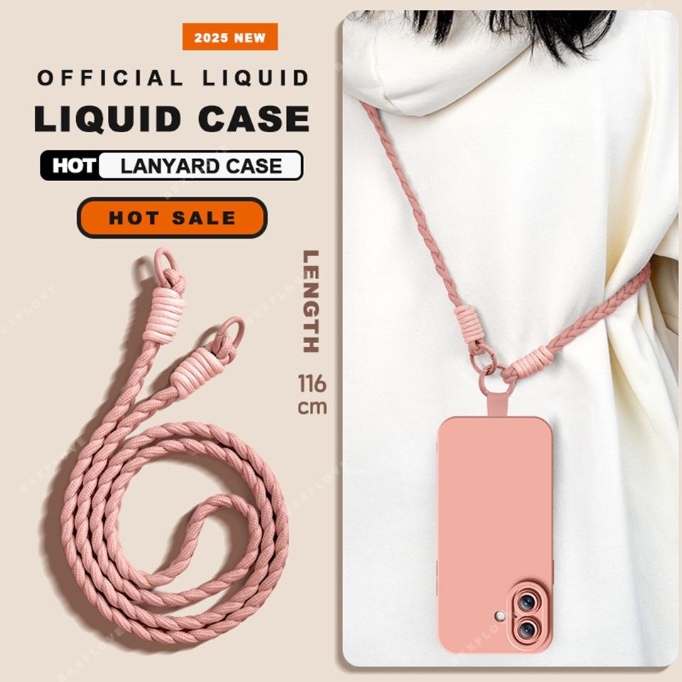 Silikonový kryt s tekutým popruhem pro iPhone 16E 16 14 15 Plus 12 13 Mini 11 16 Pro X XR XS Max SE Soft kryt na šňůrku na krk