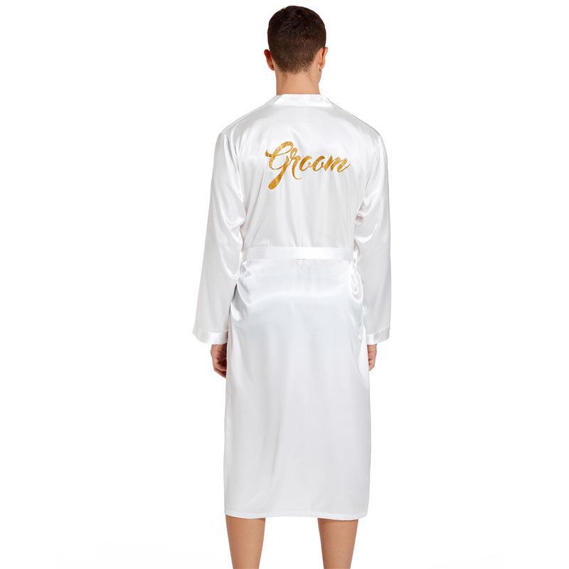 Men's Gold Lettering Wedding Morning Robe - Long, Large Size, Spring/Autumn Cardigan Nightgown