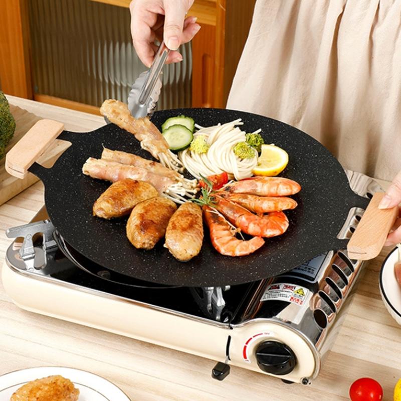 Koreansk utendørs stekepanne Non Stick BBQ Grill Stekepanne med avtagbart trehåndtak Reisecamping Grillplate