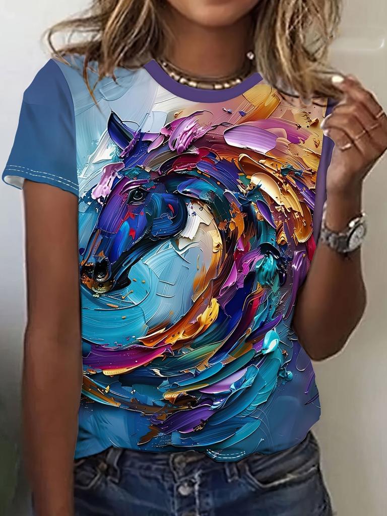 Summer New Horse Animal T-Shirts 3D Print Women's Round Neck Short Sleeve T Shirt Casual Tees Harajuku Y2K Tops Female Clothing