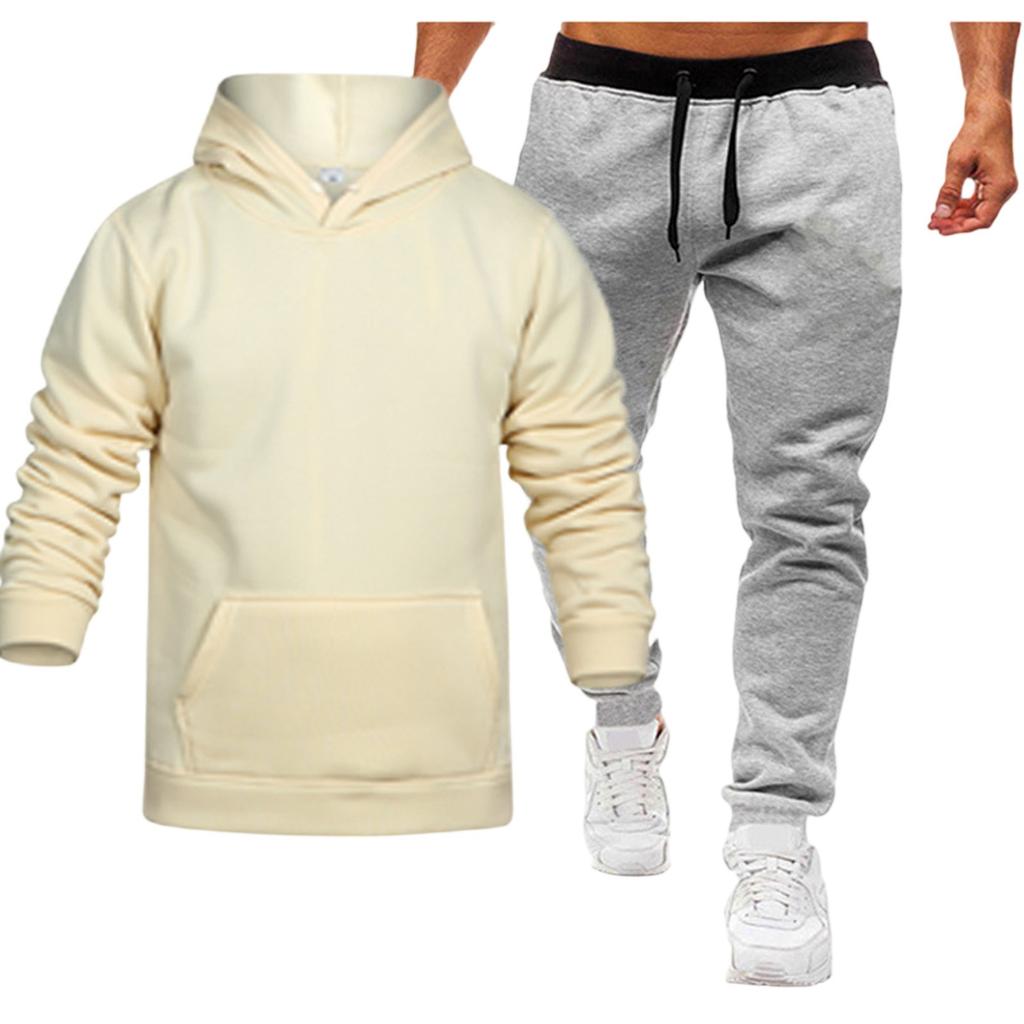 Men's Winter Solid Color Long-Sleeved Hooded Drawstring Sweatshirt And Sweatpants Suit
