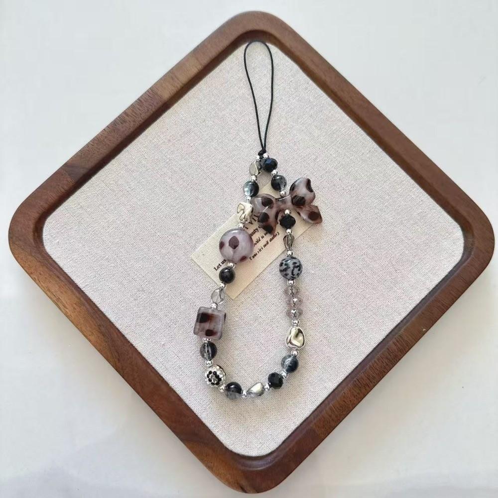 Bowknot Leopard Print Phone Charms Beaded Phone Lanyard Keychain New Phone Wrist Strap Gifts серый