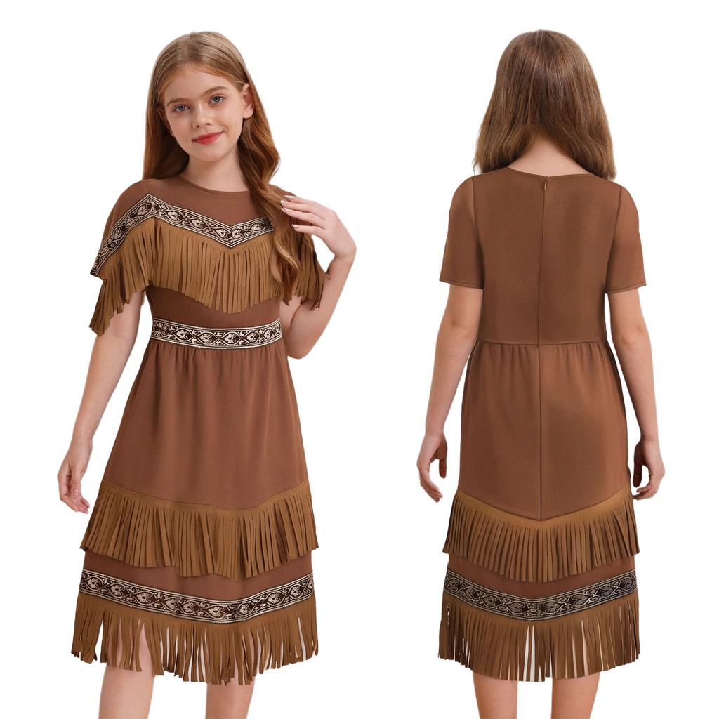 Girls Fringe Hem Dress Double Layer Tassel Decoration Round Neck Short Sleeve Chest Fringes Party Costume