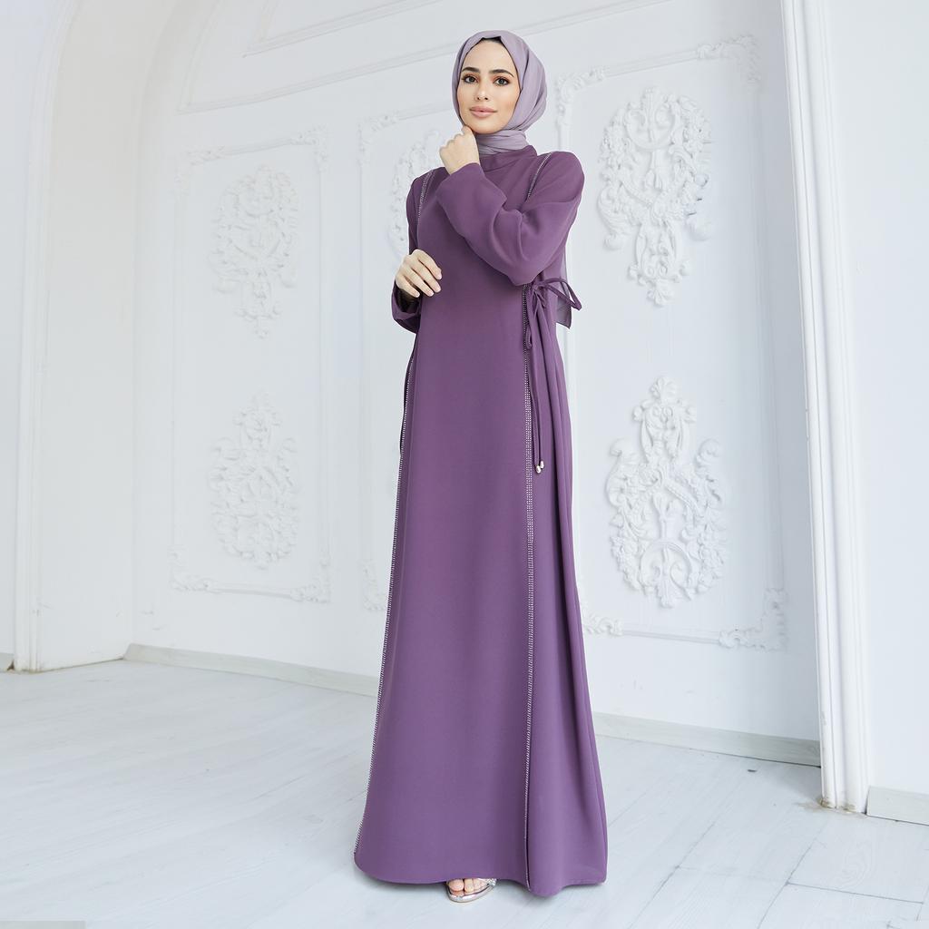 Side Tie Long Sleeve Plus Size Muslim Women Dress Abaya