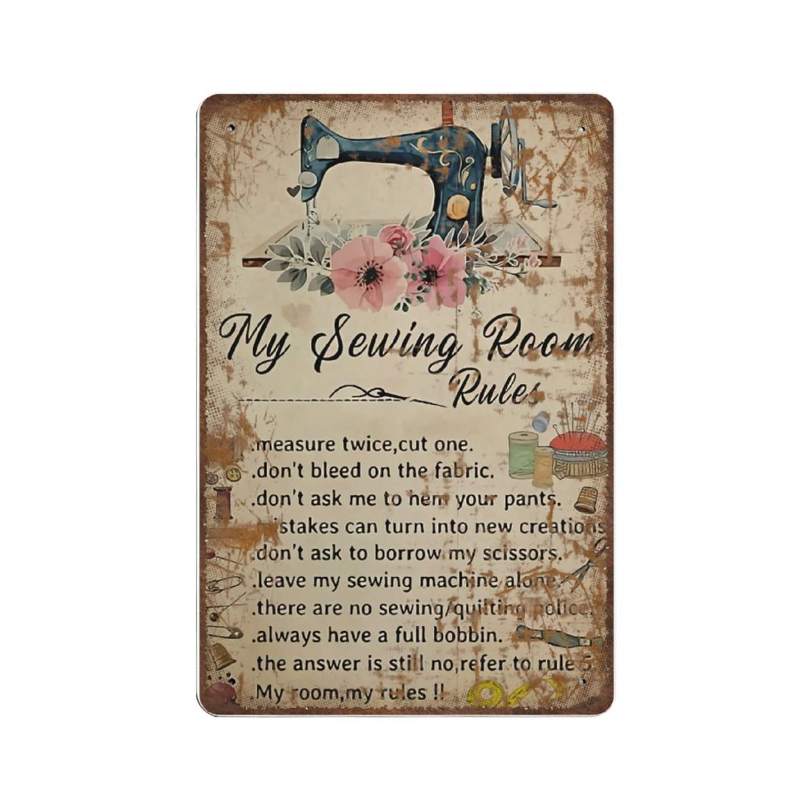 Retro Thick Metal Tin SignMy Sewing Room Rules Vertical Sign Novelty PostersHome Decor Wall ArtFunny Signs for HomeKitchen 20x30cm（7.8x11.8inch）