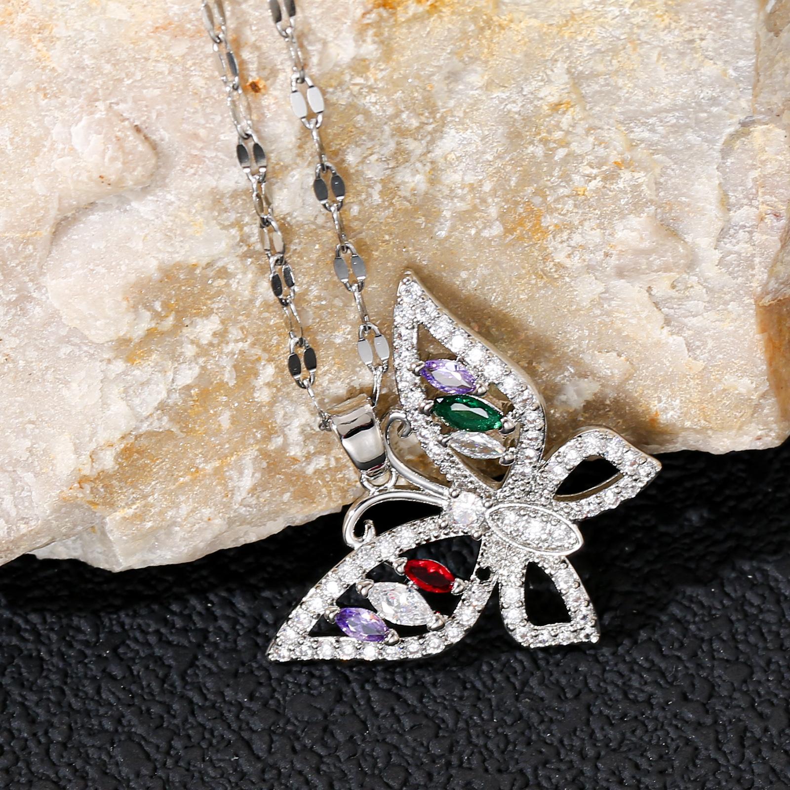 

Elegant Colorful Zircon Butterfly Necklace Stainless Steel Lip Chain Gift for Women серебряный