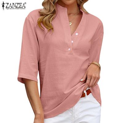 ZANZEA Damen-Bluse, lässig, V-Ausschnitt, 3/4-Ärmel, einfarbig, lockeres Sommer-Baumwoll-T-Shirt