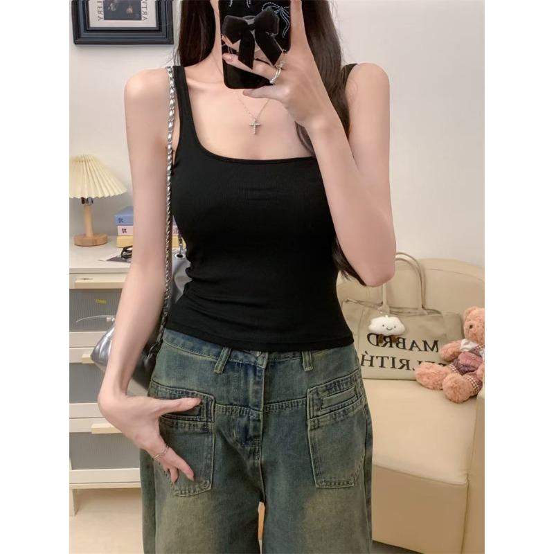 

Майка-топ из искусственного шелка с небольшим квадратным воротником, утягивающая, на бретелях, с корейской основой One size