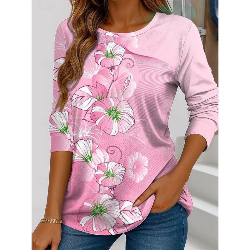 Women's T Shirt Floral Graphic Plants Stylish Summer Casual Long Sleeve T-shirts Round Neck Regular Tops Flower Printed Pullover
