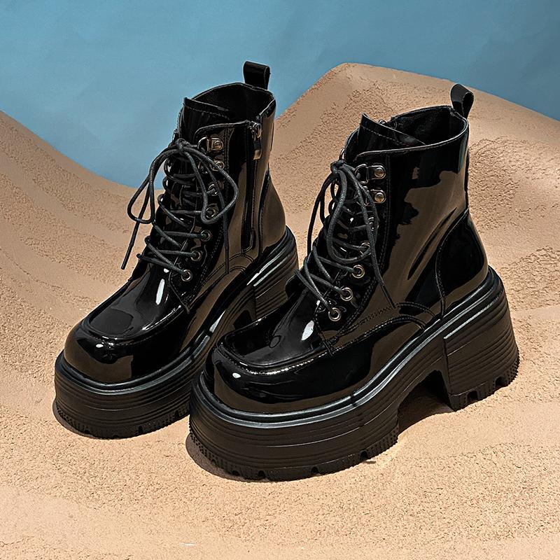 Fashion 2025 New 9cm Black Platform Women Motorcycle Ankle Boots Fashion Lace Up Shoes Autumn Winter Thick Heel Women's Short Booties