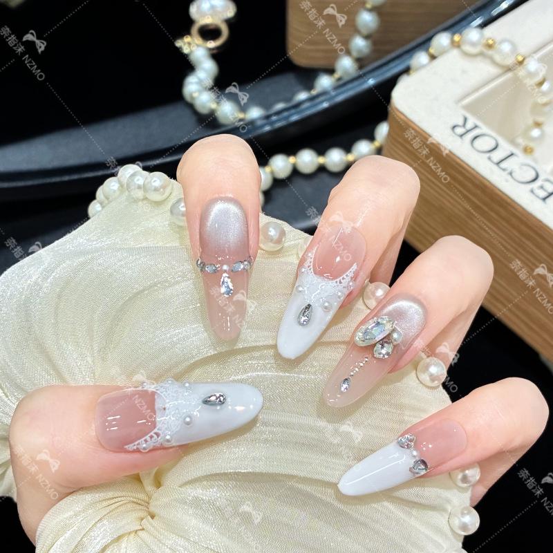 L49 Milky White French-Style Handmade Nails with Rhinestone Inlay, Skin-Brightening, Pure Desire L49-XS (Long Oval)