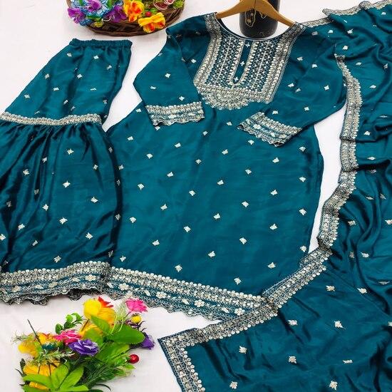 Dark Teal Embroidered Sharara Suit with Dupatta