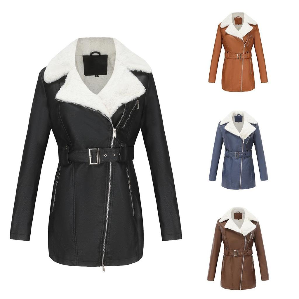 Long-sleeved plus velvet leather jacket women's lapel double-headed zipper belt warm jacket