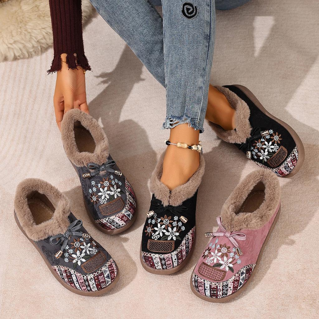Women's Embroidered Fashion Lightweight Height-enhancing Soft Sole Winter Warm Fur One Snow Boots Velvet Lined Non-slip Casual Sports Cotton Boots