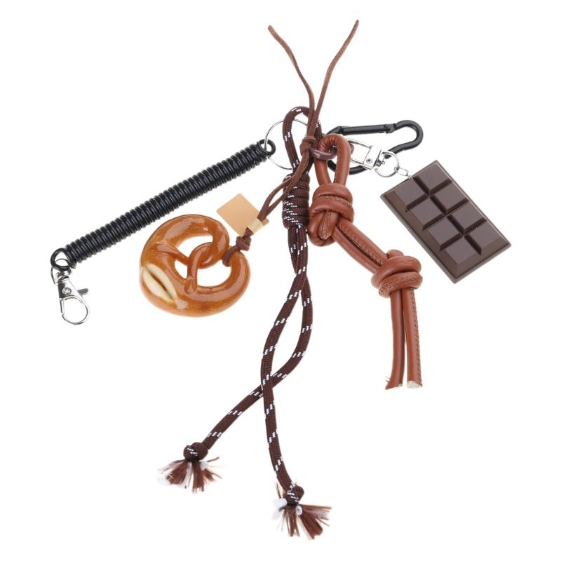 Bagel Pretzel Chocolate Bag Charm Pendant Keyring Braided Rope Keychain Charm for Backpack Purse Handbag Decorations