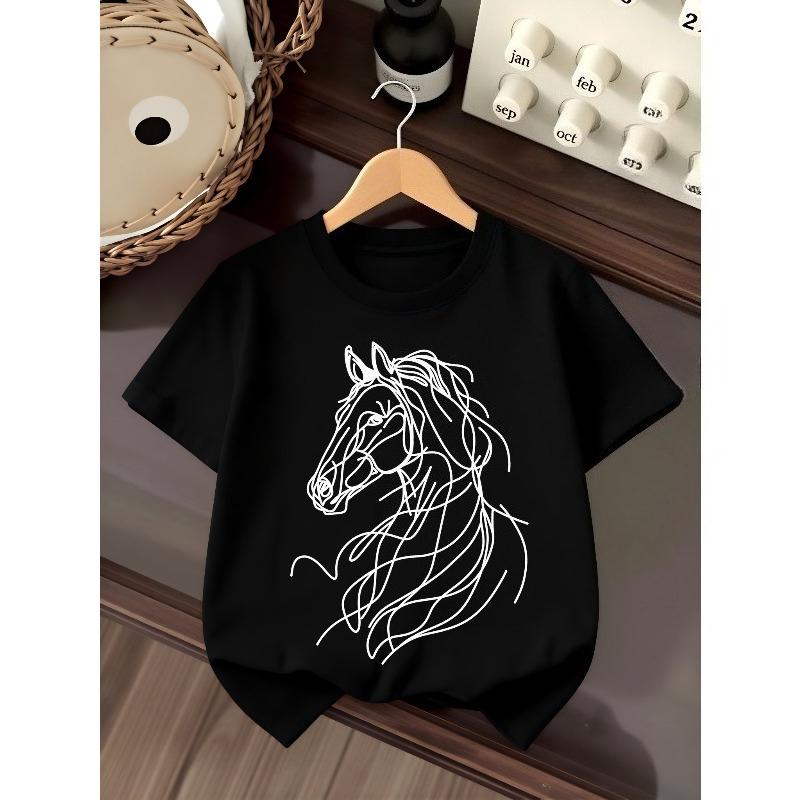 European Sizes Boys' T-Shirt Horse Head Abstract Line Art Design, Ideal for Outdoor Activities, Soft Knitted Top, Comfortable And Breathable