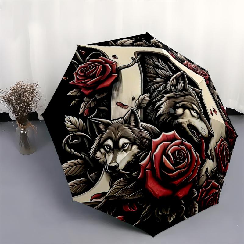 1pc Daring Wolves Automatic Open/ClosePractical Umbrella-CuteUmbrella with Cute Design, Portable 3-Fold Compact Umbrella for Men & Women, Valentine's
