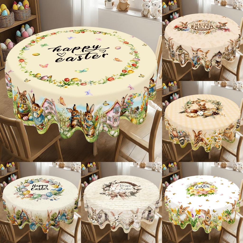 Easter Round Tablecloth Easter Bunny Egg Table Cover Spring Farmhouse Home Kitchen Dinning Table Decor Holiday Party Supplies