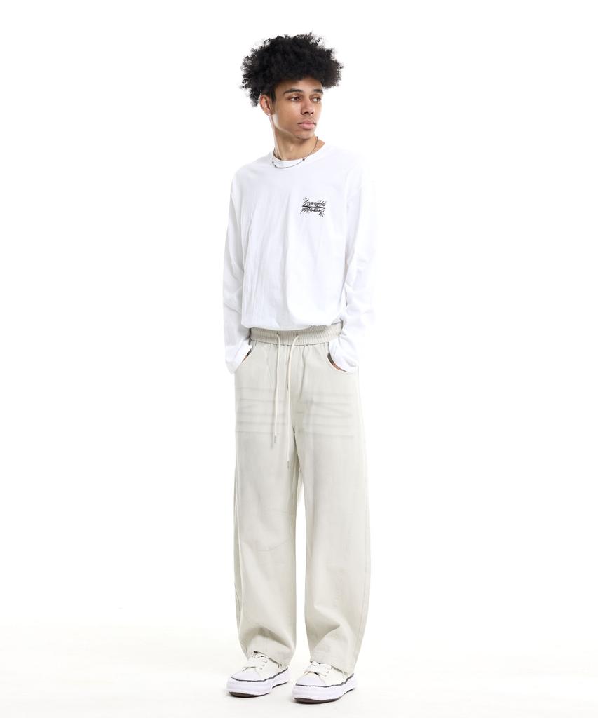 CREAM SODA LAB Front Catbrush Washed Cotton Elastic Waist Pants Ivory