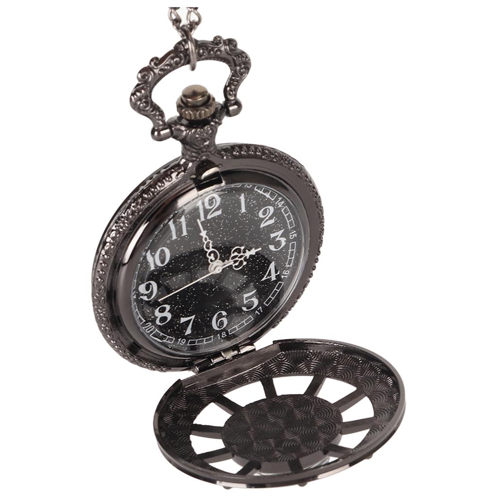 Vintage Pocket Watch Quartz Movement Hollow Out Dial Compass Men Pocket Watch with Chain Black