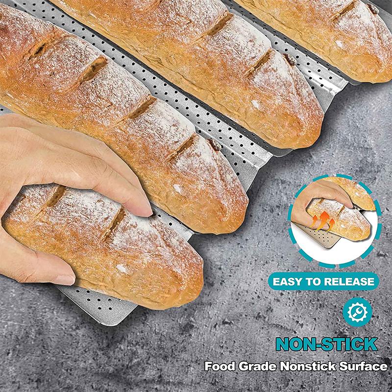 LMETJMA Nonstick Perforated French Bread Baking Pan Carbon Steel  Baguette Pan French Bread 4 Wave Loaves Loaf Bake Mold JT158