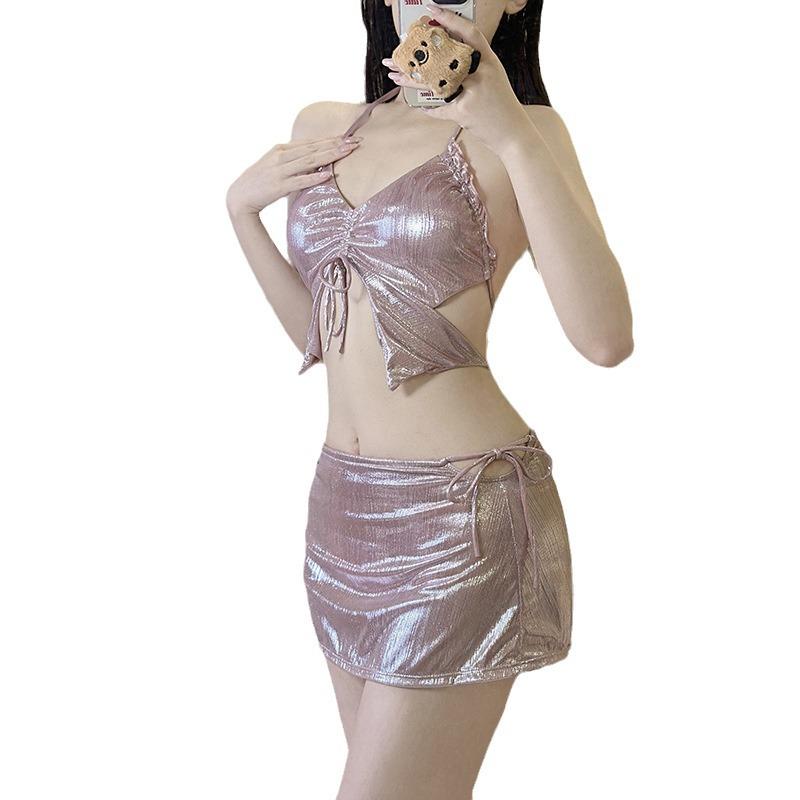 2024 Iridescent Pink Mermaid Bikini Skirt - Sexy Y2K Swimsuit for Women, Perfect for Hot Spring Vacations