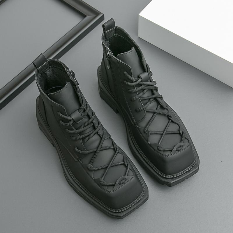 

Fashion Classic Square Toe Street Style Leather Men Boots with Thick Soles Anti Slip Wear-resistant Casual Boots Quality Motorcycle Boot 44 чёрный
