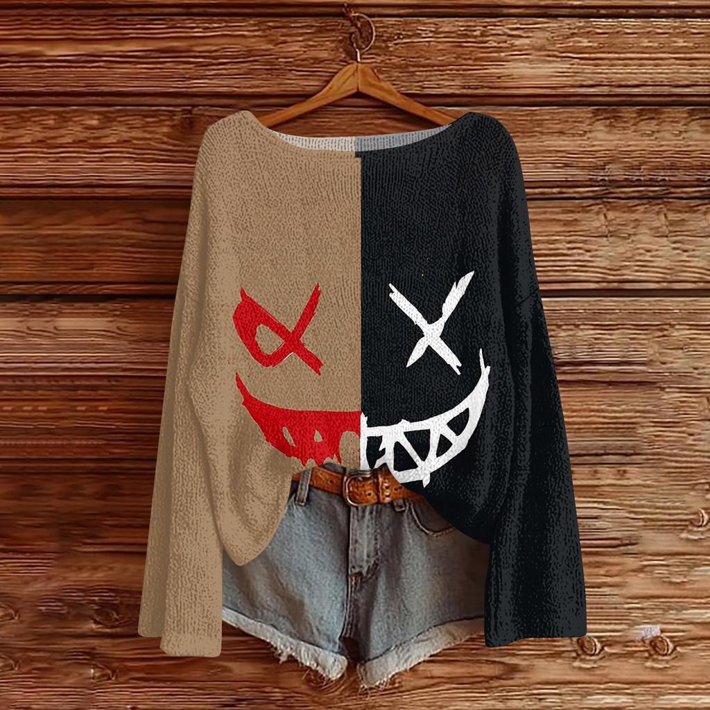 Women's Long Sleeve Halloween Print Crewneck Knit Pullover Sweater for Casual Daily Wear