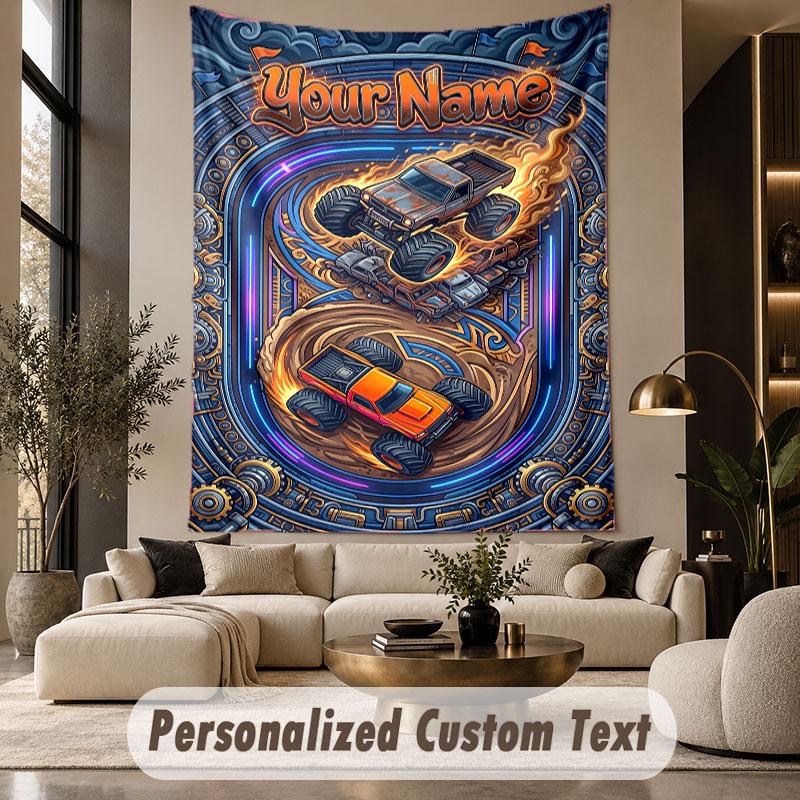 Monster Truck (135) Arazzo Personalizzato con Tema Testo Nome Personalizzato Appeso a Parete Arazzo Decorazione per la Casa Tessuto di Sfondo