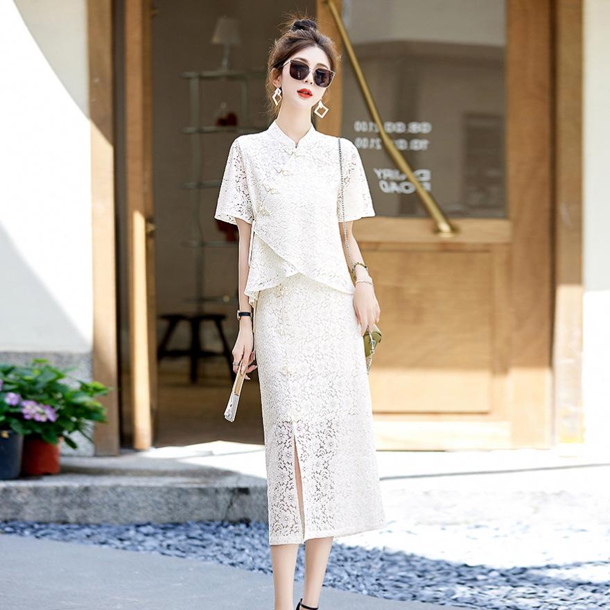 

Improved cheongsam dress women s two-piece set summer new small lace hip-wrapped dress XXL бежевий
