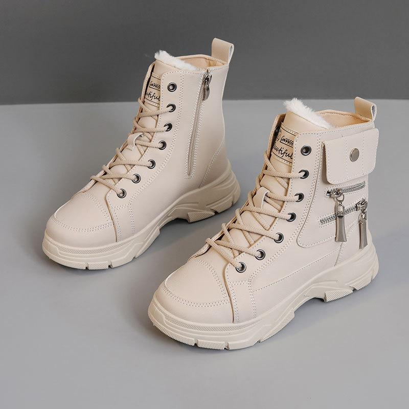 W2579 New Winter Women's Solid Color Velvet Mid-top Cotton Shoes Snow Boots Heightening Casual Warm Cotton Shoes