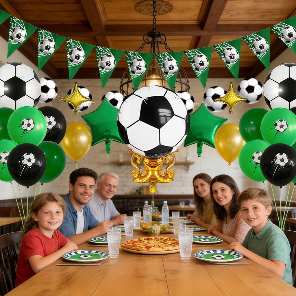 Soccer Themed Party Decorations Set with Balloons Banner Foil Stars and Soccer Ball Print Stickers for Birthday Event Celebration