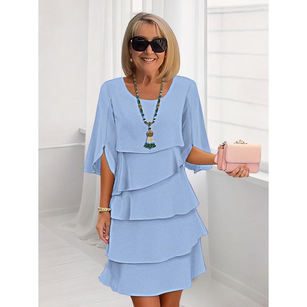 Nowa Moda Wiosna i Lato Jednolity Kolor Okrągły Dekolt Sukienka Tortowa Kratkowana Sukienka Odzież Damska