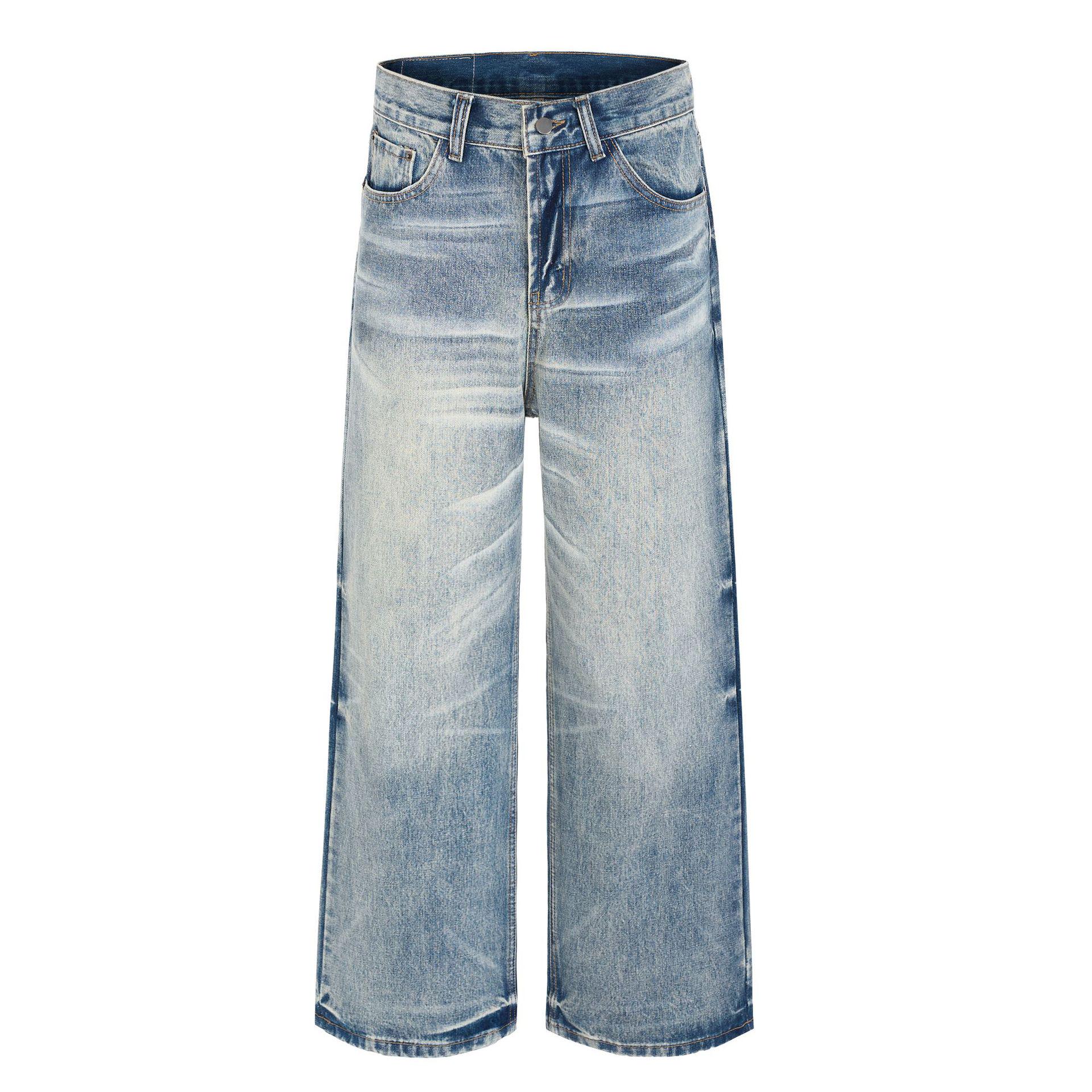 Spring 2026 American Retro Washed Loose Denim Pants Small синий