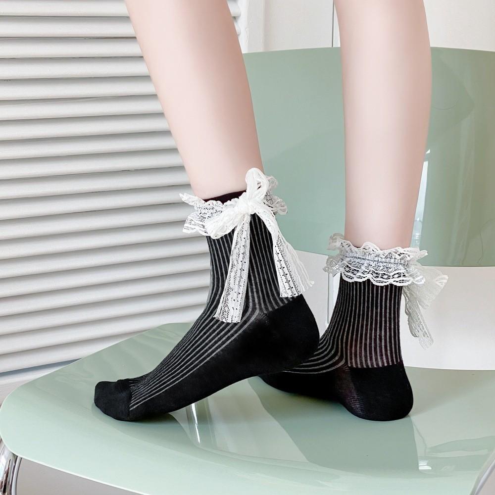 New Design Lace Bow Ribbon Ankle Socks for Women Vintage Lolita Thin White Princess Sweet Mid-tube Sock Female Kawaii Airy Socks