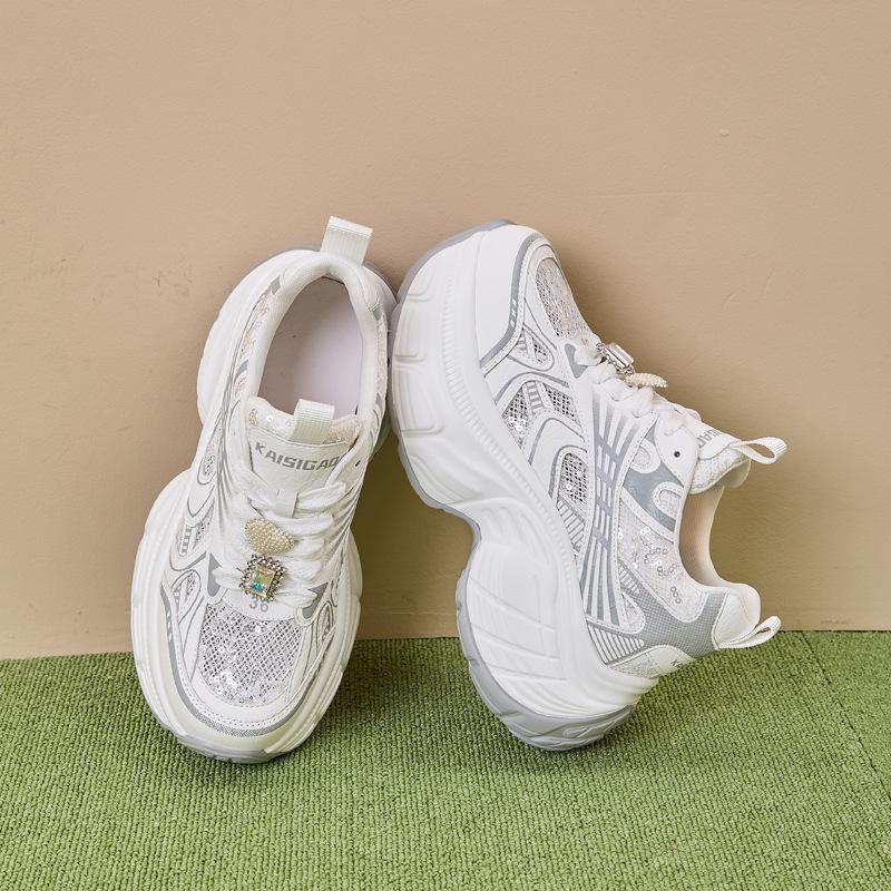 Thick-soled dad shoes women's 2025 spring and summer new versatile hollow mesh breathable inner height increase women's shoes popular genuine