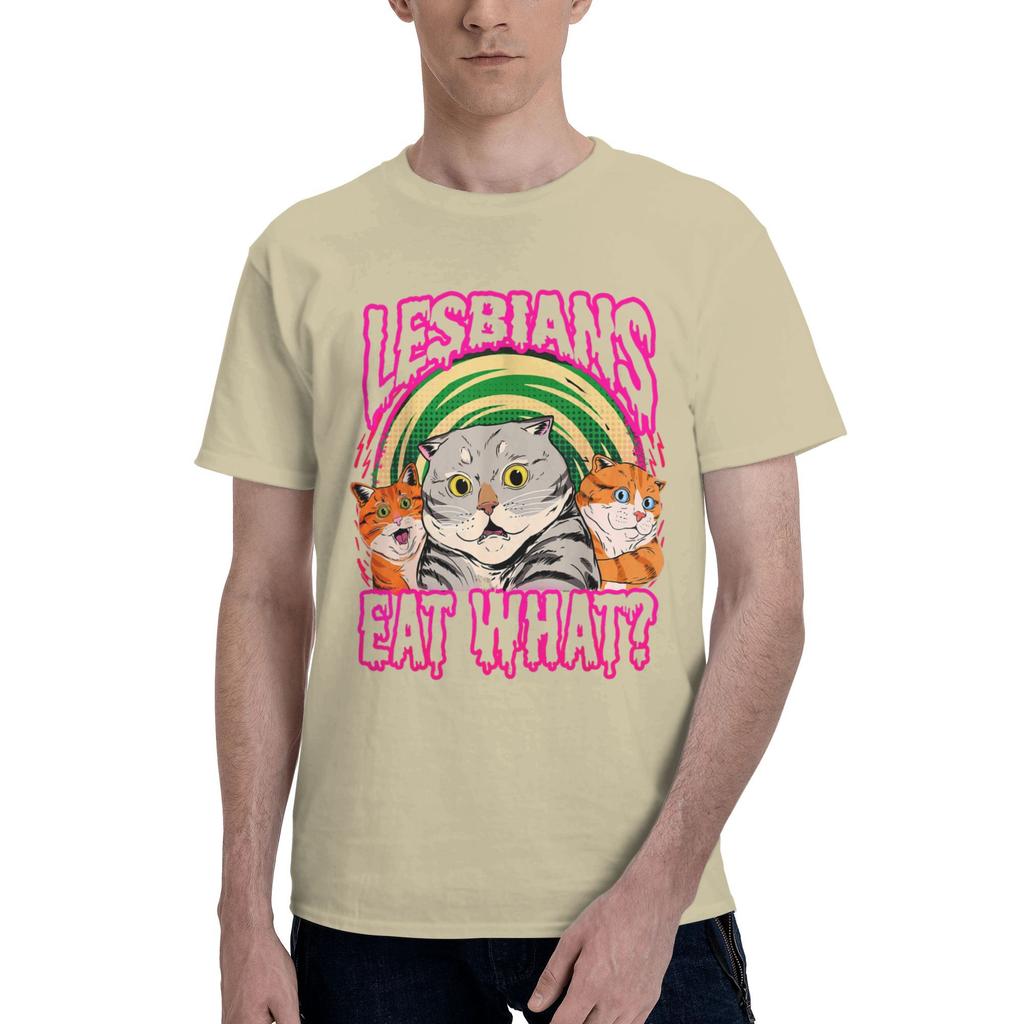 Lesbians Eat What Funny Cats Love Cute Men T Shirts  Casual Tees Short Sleeve Crewneck T-Shirt Cotton Gift Idea Clothing