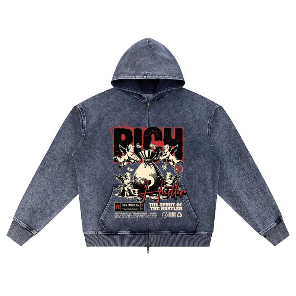 

DTG print Knitted Denim Zip-Up Hoodie Rich Hustler Brother Print Zipper Hoodies XL темно-синий
