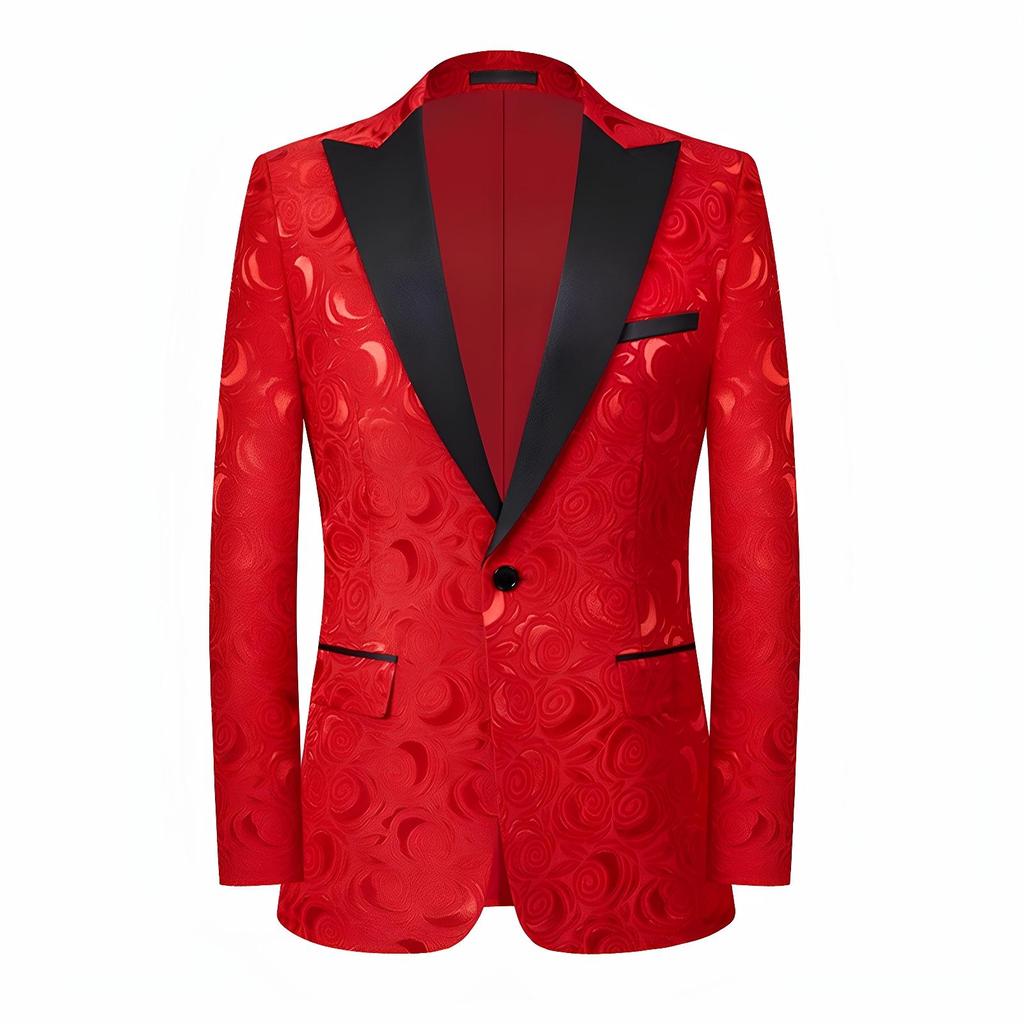 Mens Red Blazer Luxury Rose Patterned Jacquard Suit Jacket