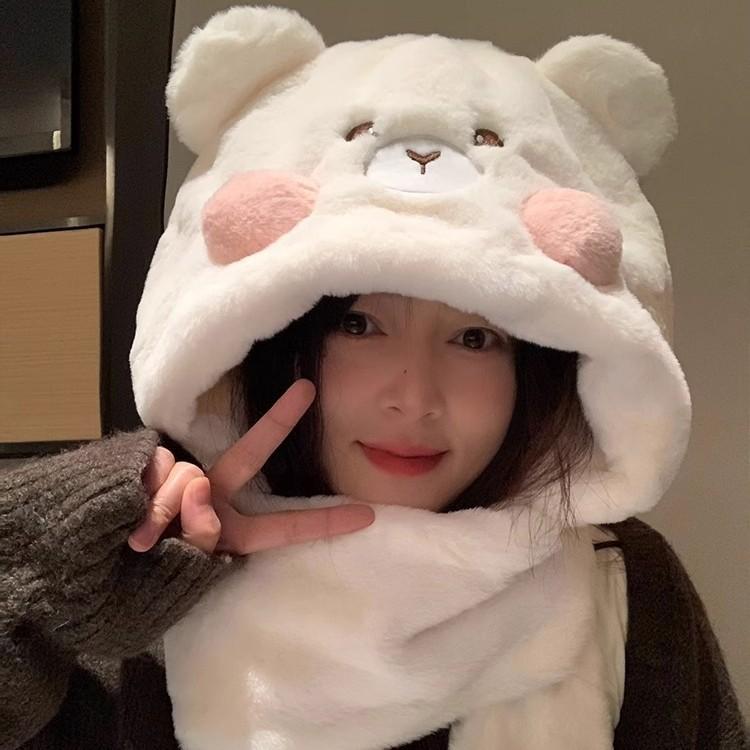 Cute Bear Hat Scarf Gloves One-piece Set for Women In Winter Warmth Plus Velvet Thickened Cycling Cold Proof Scarf