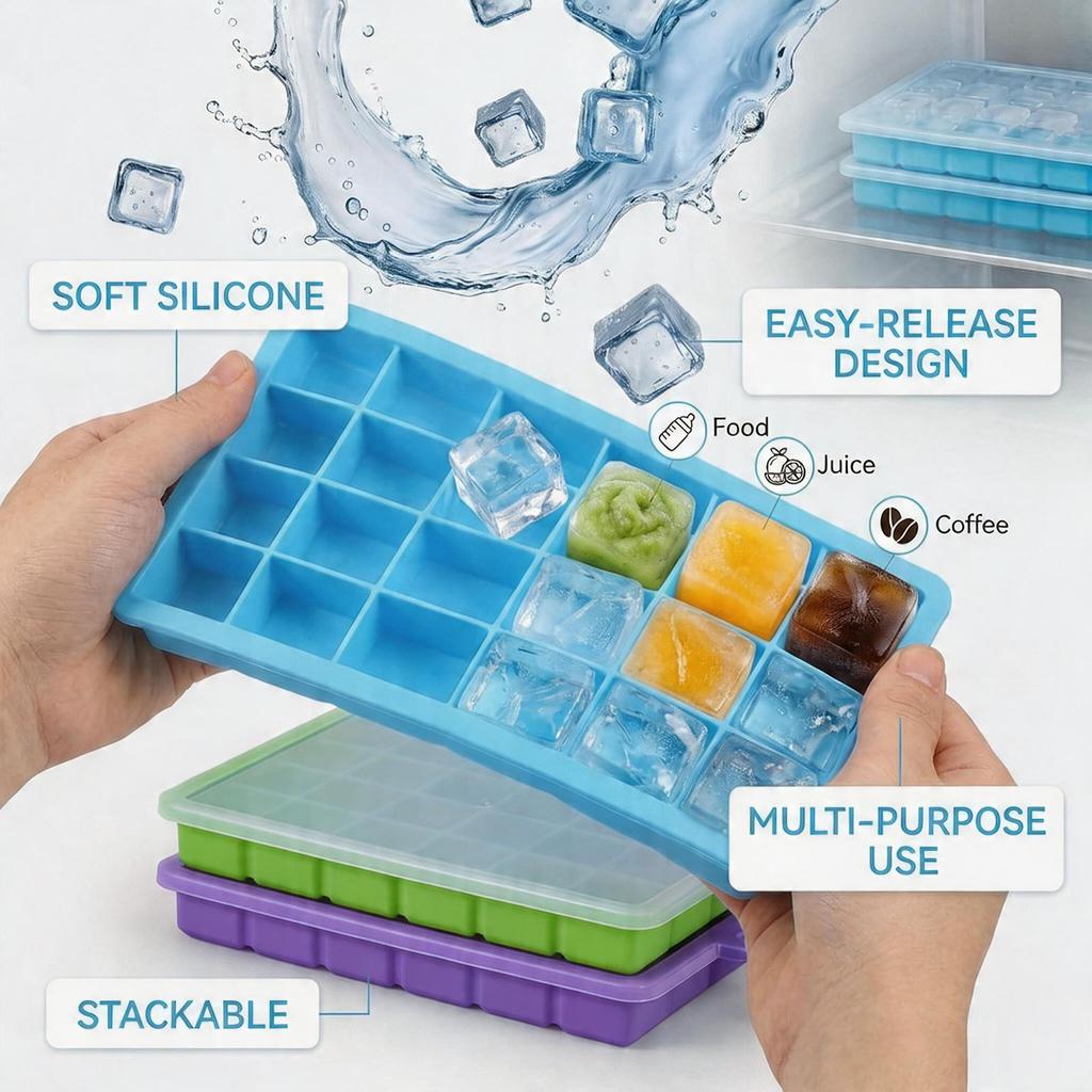 Silicone Ice Cube Tray with Lid Easy Release Ice Mold Big Square Ice Maker for Cocktails Party Drinks Puree Cheese Jelly Mold