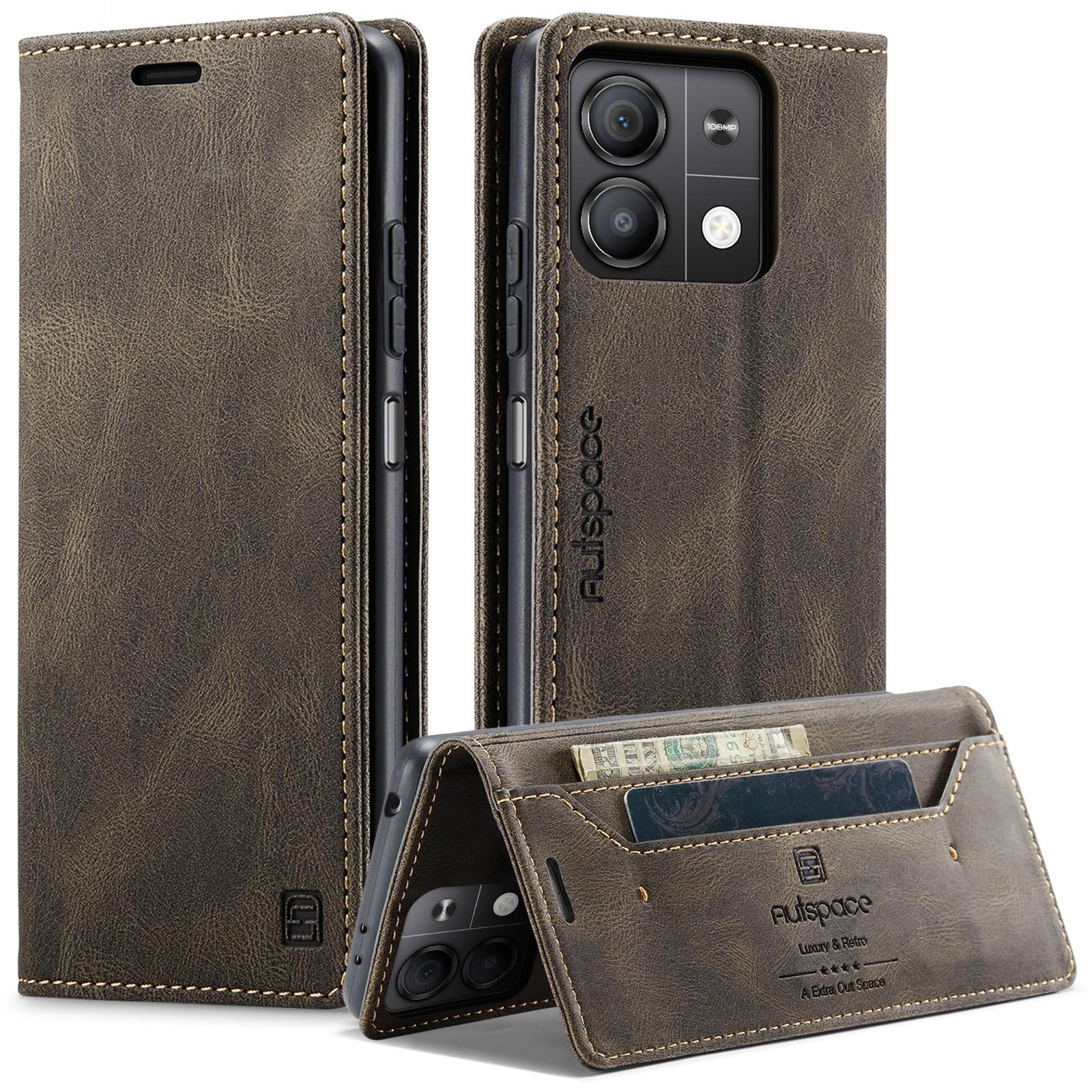 

For Xiaomi Redmi Note 13 5G Wallet Case AUTSPACE A01 Leather Stand Cover with RFID Blocking Card Holder Coffee