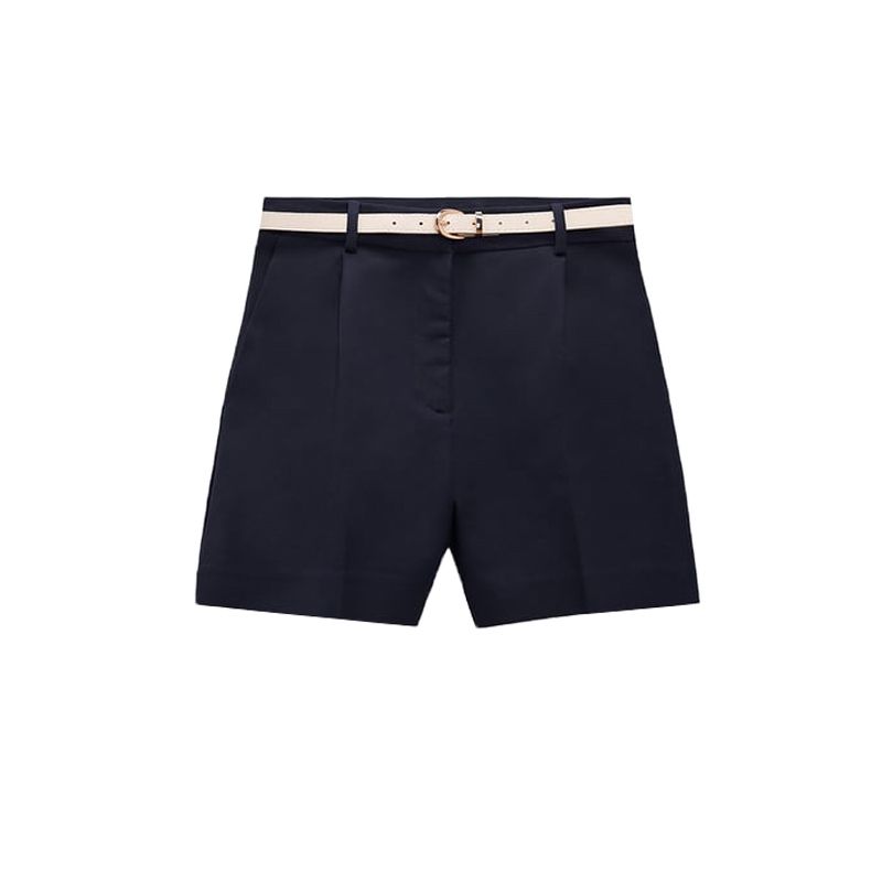 Casual White with Belt Pleated Bermuda Shorts