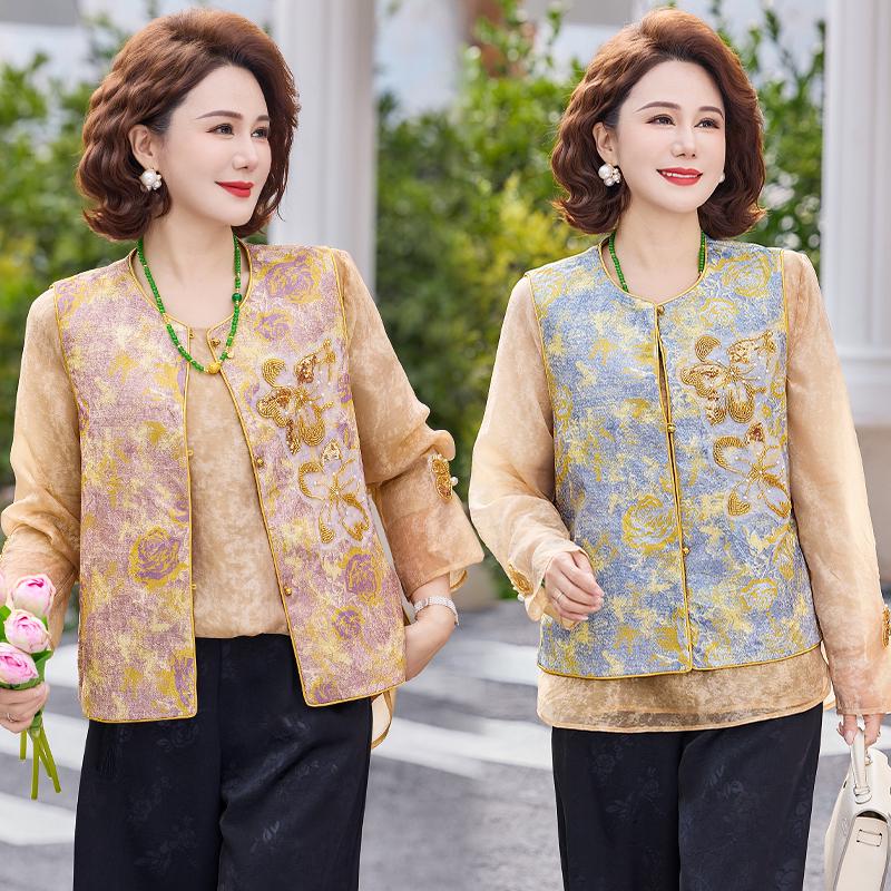 2026 Chinese-Style Embroidered Vest for Middle-Aged & Elderly Women - Elegant, Fashionable Two-Piece Set for Mom