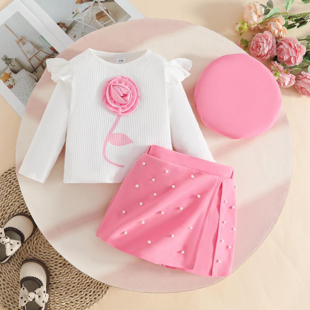 Korean Style Baby & Toddler Ribbed Long-Sleeve Top, Skort & Beret Set - Floral Top & Beaded Shorts