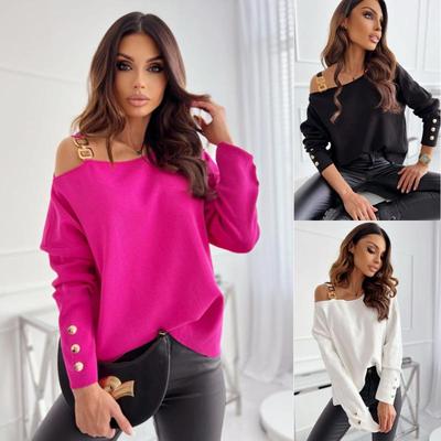 2022 Women's Autumn/Winter Solid Color Button Detail Long-Sleeve Top