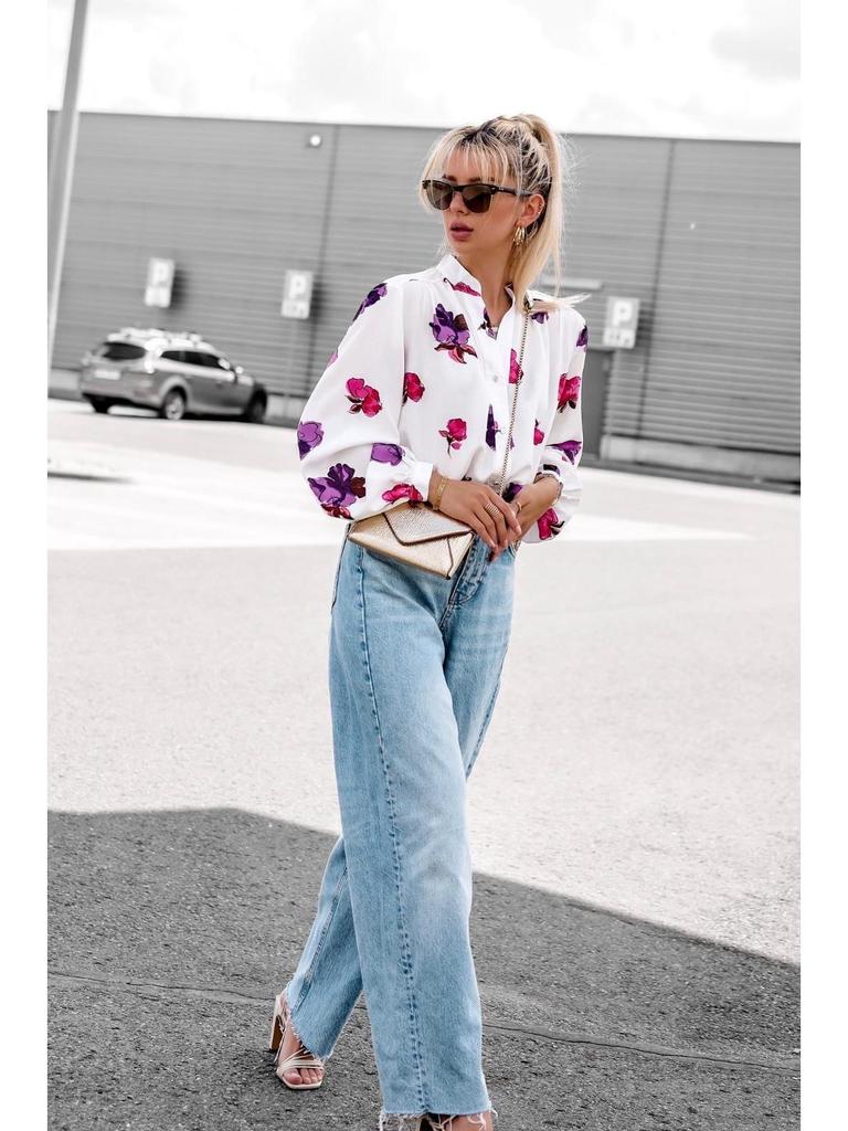 Autumn 2024 Floral Print Stand-up Collar Long Sleeve Shirt for Women - European & American Style